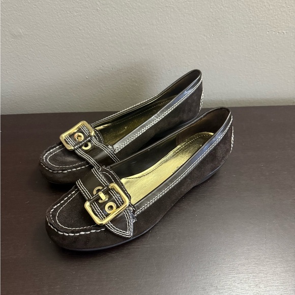 Etienne Aigner Solo Black Suede Gold Buckle Slip On Loafers 7.5M Comfort - Picture 1 of 6
